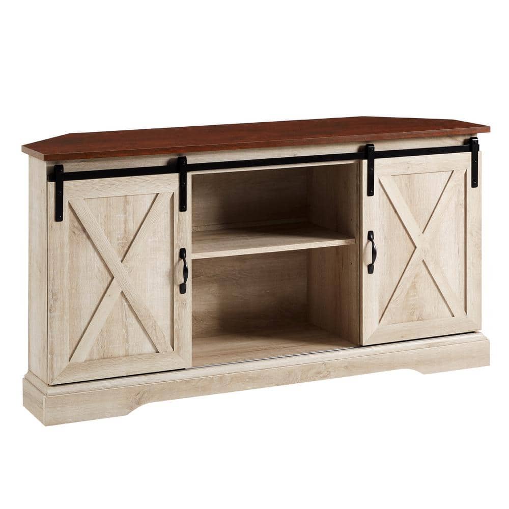 Traditional Brown and White Oak Corner TV Stand with Sliding Barn Doors