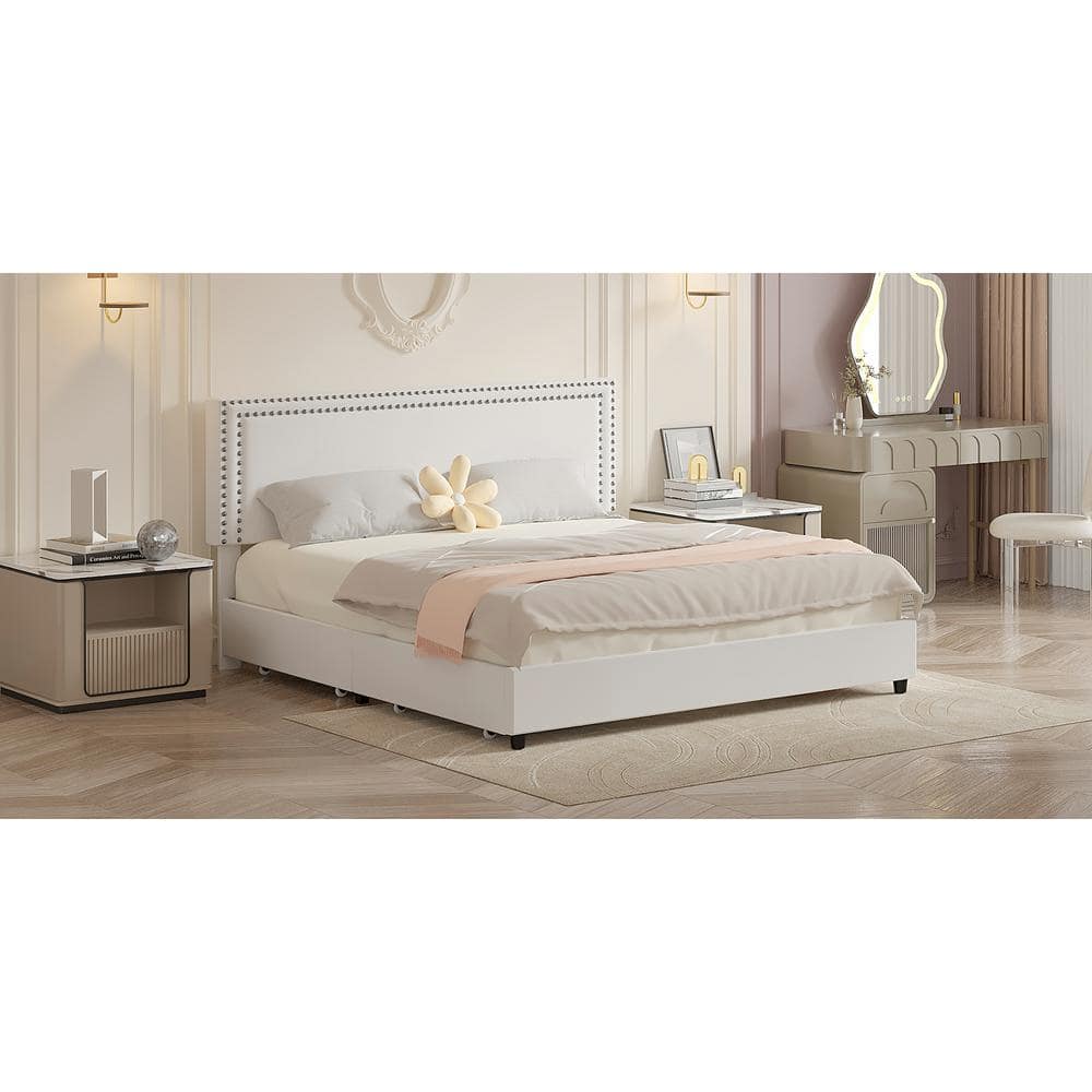 White Velvet Upholstered King Platform Bed with Storage Drawers