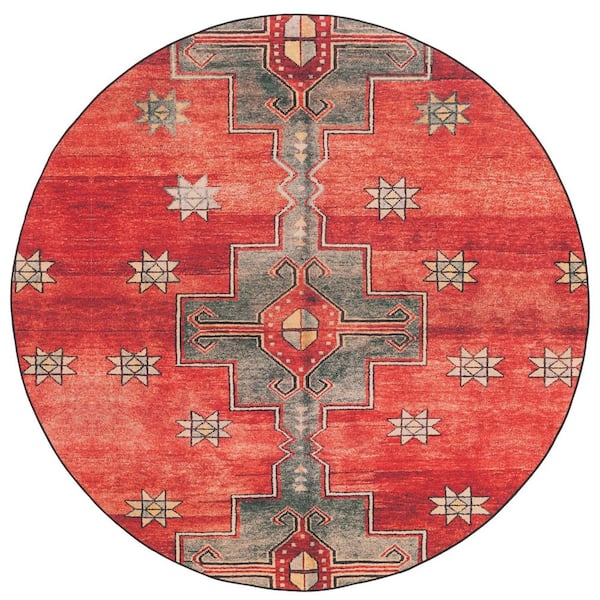 Tucson 4 ft. x 4 ft. Round Rust/Green Symmetrical Geometric Washable Area Rug