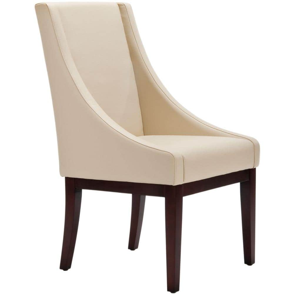 Cream Leather Swoop Arm Accent Chair with Wood Legs