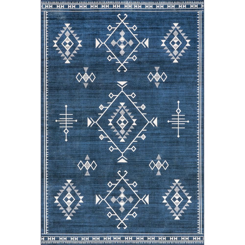 Navy Rectangular Reversible Washable Synthetic Area Rug, 3' x 5'