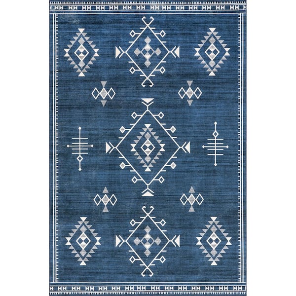 nuLOOM Evalyn Machine Washable Navy 3 ft. x 5 ft. Southwestern Motif Doormat Accent Rug