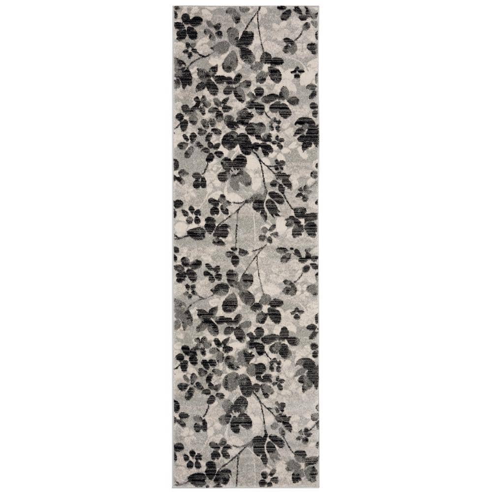 Evoke Grey/Black Floral Non-Shedding 2'2" x 7' Runner Rug