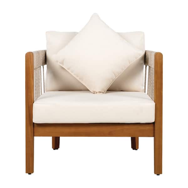 Wood Outdoor Lounge Chair with Thick Cushions, Handwoven Rope Accents Club Chair with Arms for Porch Garden, Beige