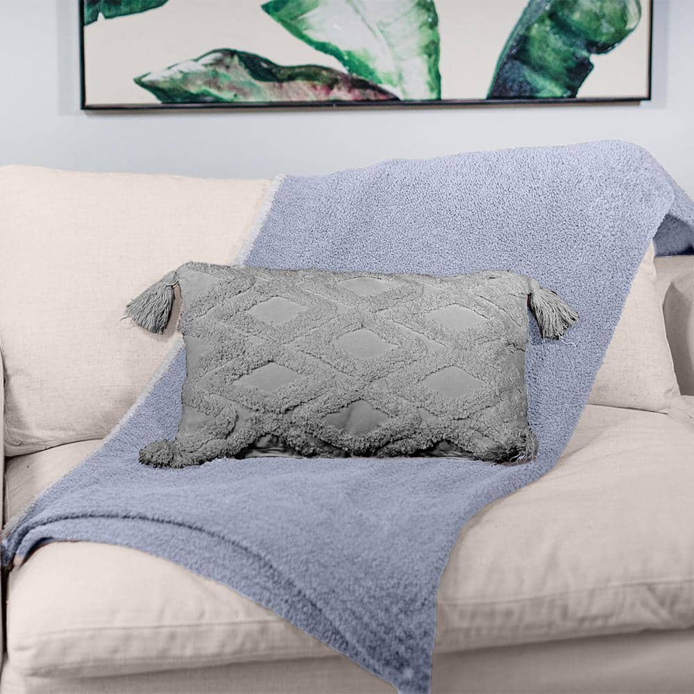 Gray Cotton Macrame Tassel Throw Pillow Set, 20 x 12 in