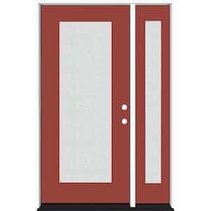 Legacy 53 in. x 80 in. Full Lite Rain Glass LHIS Primed Morocco Red Finish Fiberglass Prehung Front Door with 14 in. SL