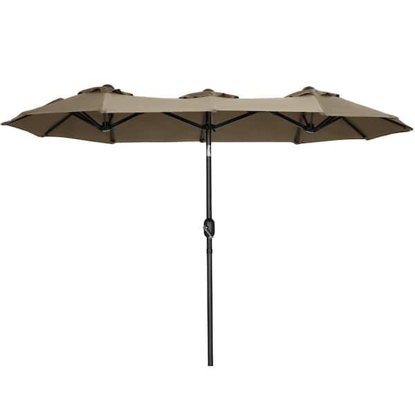 Unbranded Light Brown 9.5 ft. Double-Sided Large Market Patio Umbrella with Push Button Tilt and Crank, 12 Ribs for Garden Pool