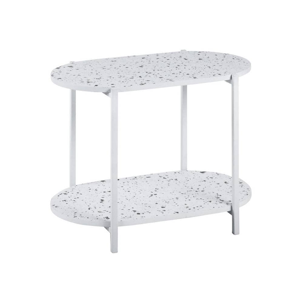 White 24 2-Tiers Oval Nightstand, Marble Metal Small Outdoor Side Table 