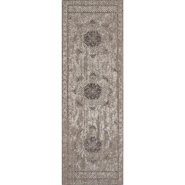 Amer Rugs Camilla Fiona Light Gray/Ivory 2 ft. 6 in. x 8 ft. Transitional Medallion Polyester Runner Rug