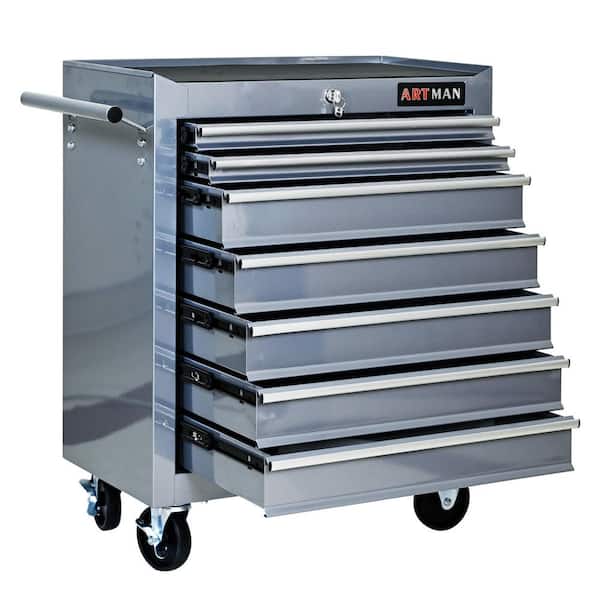 Silver Steel 24.2 in. W x 12.9 in. D x 29.9 in. H Outdoor Storage Cabinet, 7-Drawer Tool Storage Chest with Wheels