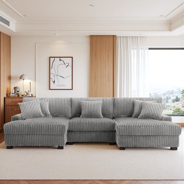 118.31 in. W Square Arm 3-piece Faux Rabbit Fur Fabric Upholstered U-Shaped Modular Sectional Sofa in Light Gray