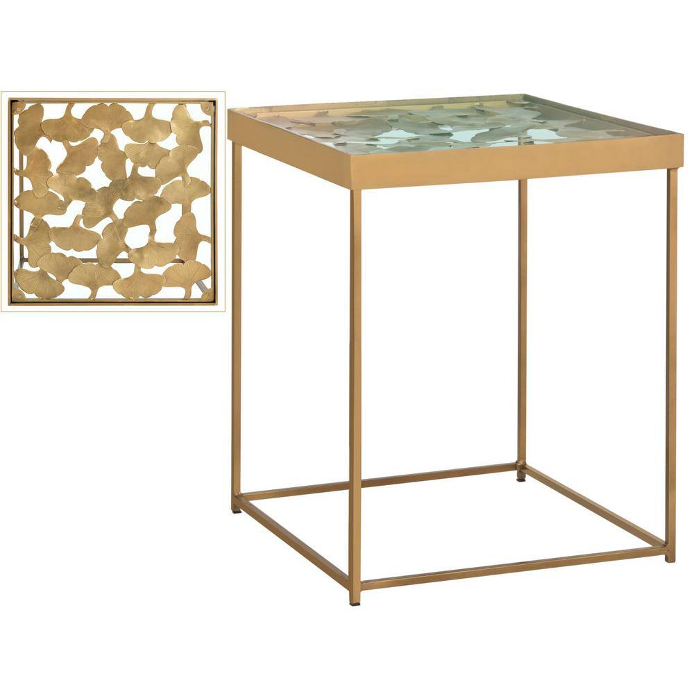 Antique Brass and Glass Leaf Square Side Table