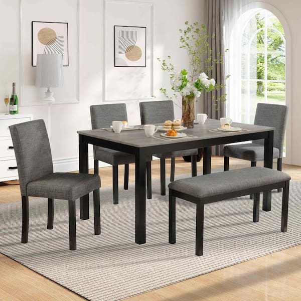 6-Piece Rectangle Black/Light Gray Wood Top Dining Room Set Seats 6