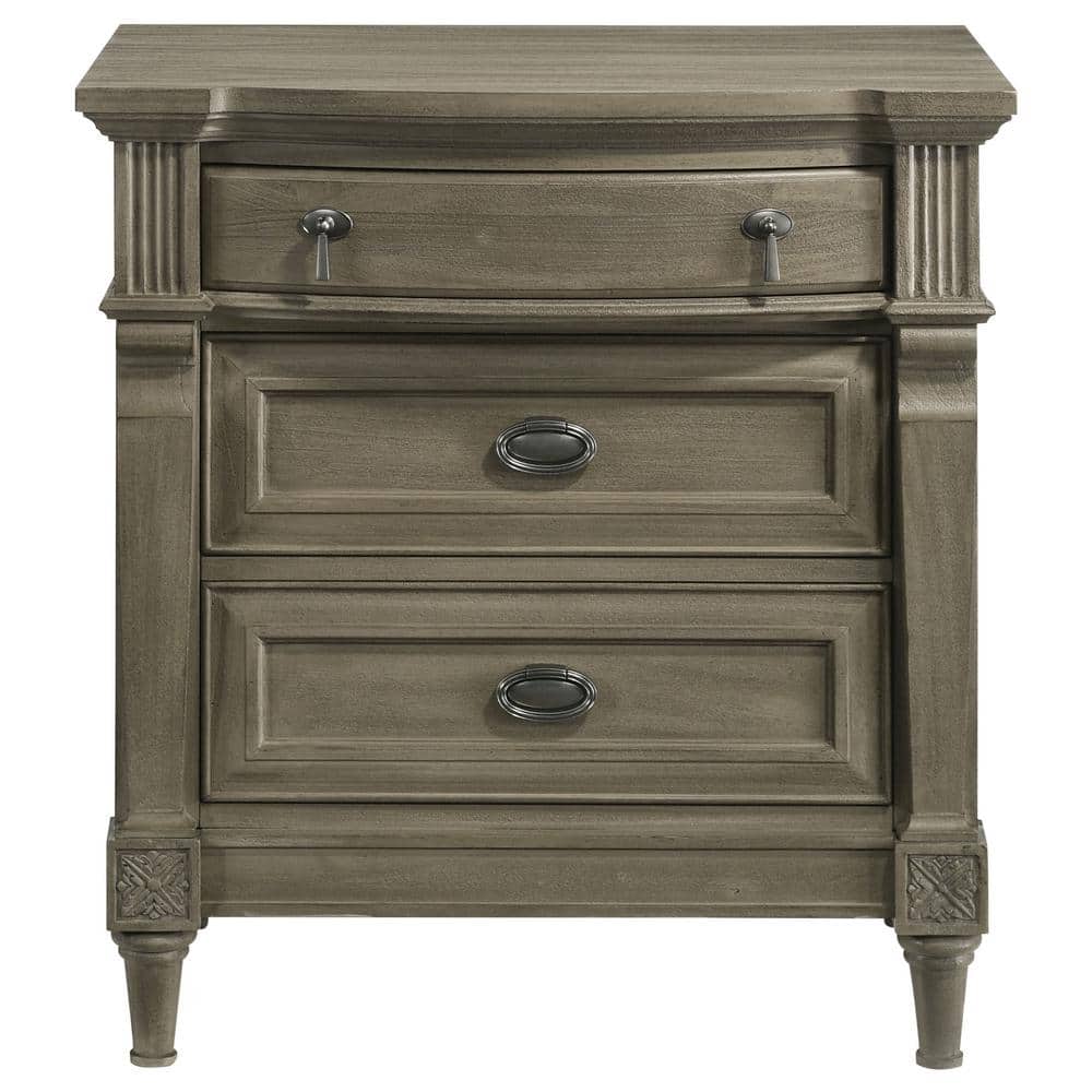 Transitional French Grey 3-Drawer Nightstand with USB Ports