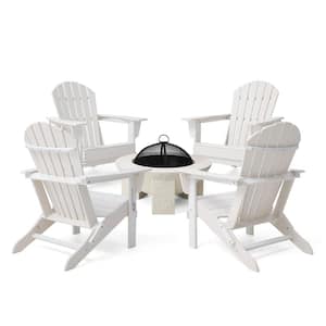 5-Piece Outdoor Patio Modern Faux Terrazzo MGO Wood Burning Patio Fire Pit and White HDPE Folding Adirondack Chairs Set