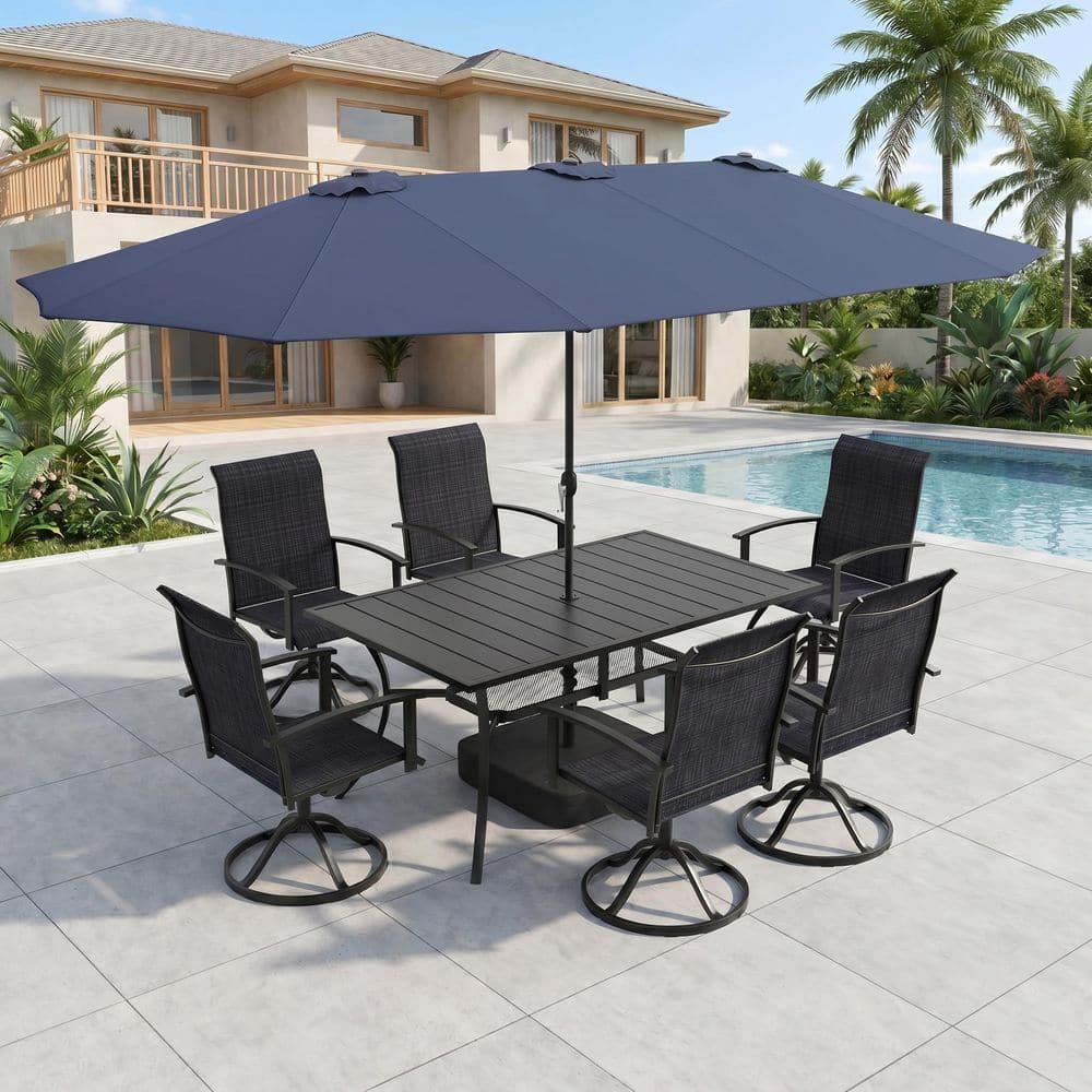 8-Piece Metal Patio Dining Set with 59.2 in. Rectangular Table, 6 Dark Gray Textilene Swivel Chairs and Blue Umbrella price history on PriceWatchPro