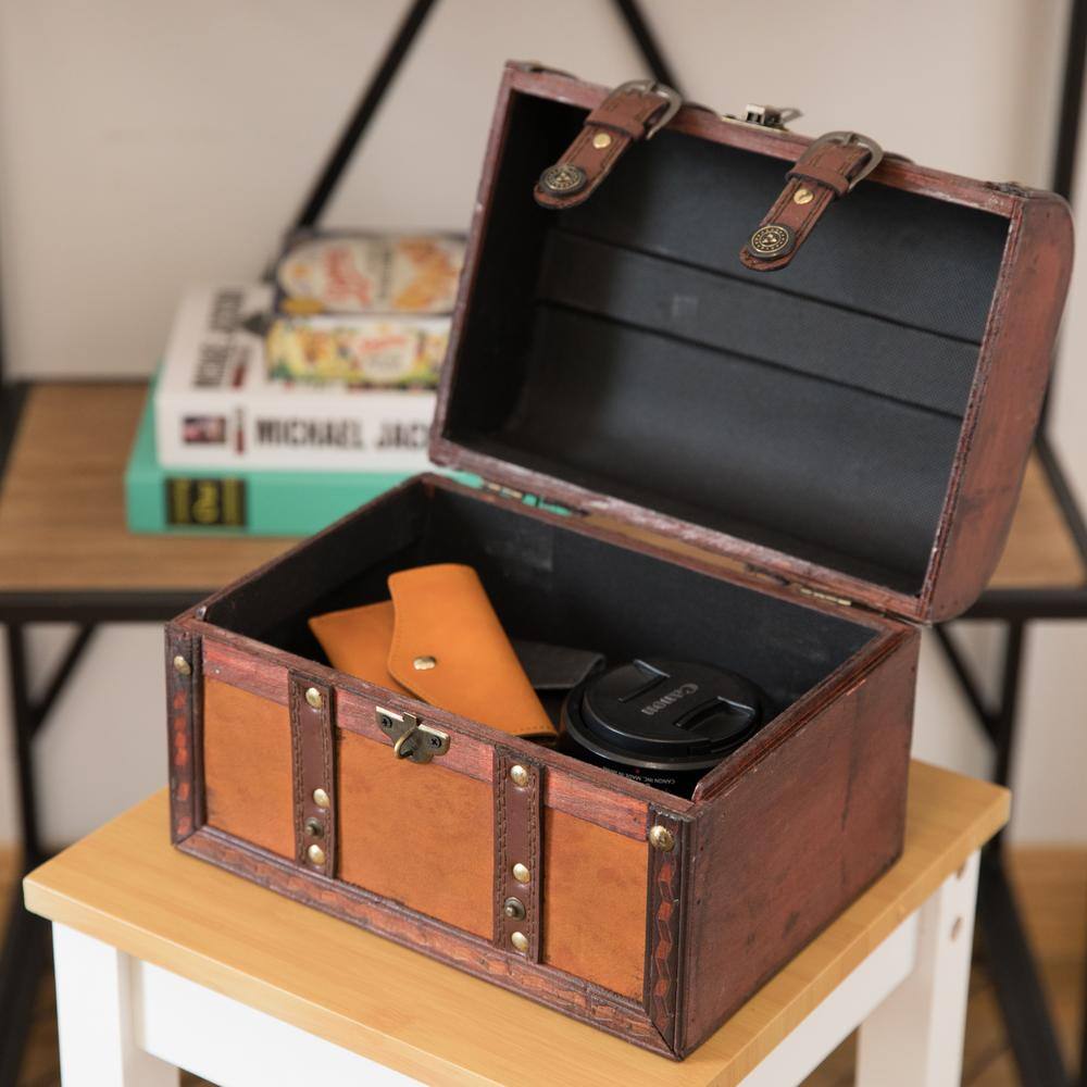 Vintage Brown Leather Storage Trunk Set with Brass Accents