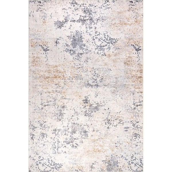 Makenzie SplashGuard Modern Abstract Machine Washable Area Ivory 6 ft. x 6 ft. Indoor Square Rug