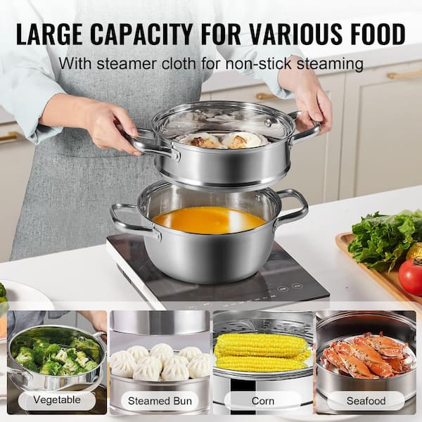 VEVOR Steamer Pot 8.66 in. Steamer Pot for Cooking with 3 qt. Stock Pot and Vegetable Steamer Stainless Steel Food Steamer