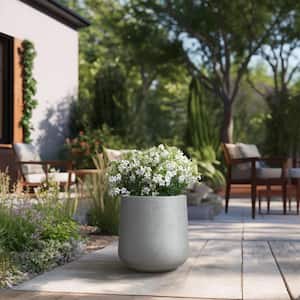 Lightweight 12in. x 13.5in. Stone Finish Extra Large Tall Round Concrete Plant Pot / Planter for Indoor & Outdoor