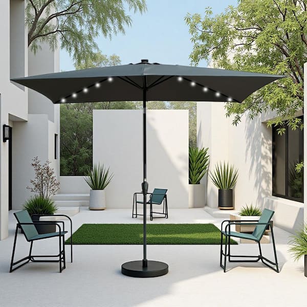 10 ft. x 6.5 ft. Rectangular Aluminum Market Solar LED Lights Push Button Tilt Patio Umbrella in Dark Grey