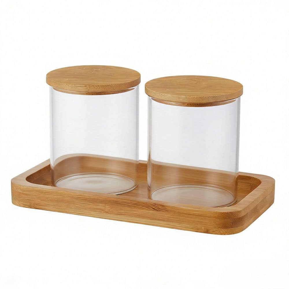 3-Piece Bath Accessory Set with Glass Apothecary Jars and Bamboo Vanity Tray in Clear Glass and Natural Bamboo price history on PriceWatchPro
