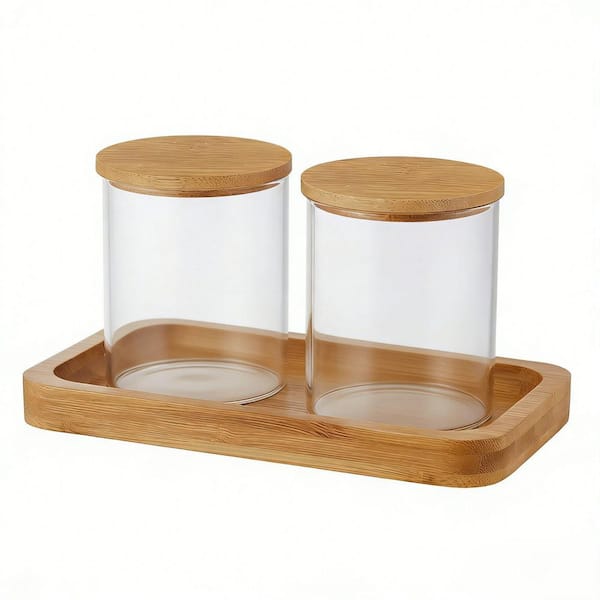 3-Piece Bath Accessory Set with Glass Apothecary Jars and Bamboo Vanity Tray in Clear Glass and Natural Bamboo