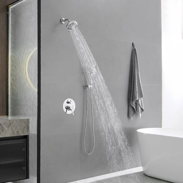 Single Handle 2-Spray Round Rain Shower Faucet Set 1.8 GPM with High Pressure Shower Head Hand Shower in Polished Chrome