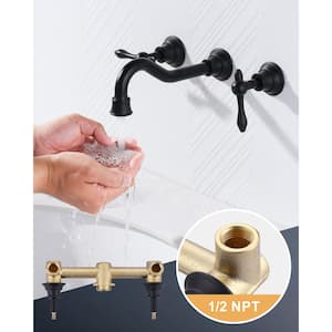 Double Handle 3-Hole Brass Wall Mounted Antique Bathroom Sink Faucet in Matte Black