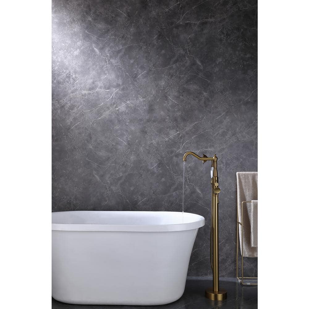 Brushed Gold Single Handle Floor Mounted Bathtub Faucet with Handheld Shower