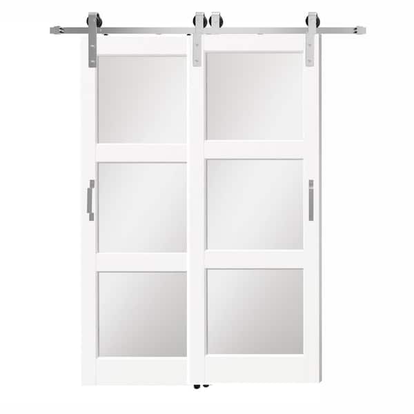 64 in. x 80 in. 3 Lite Mirrored Glass White Primed Pine Wood Barn Door Slab with Nickel-plated Bypass Hardware Kit Set