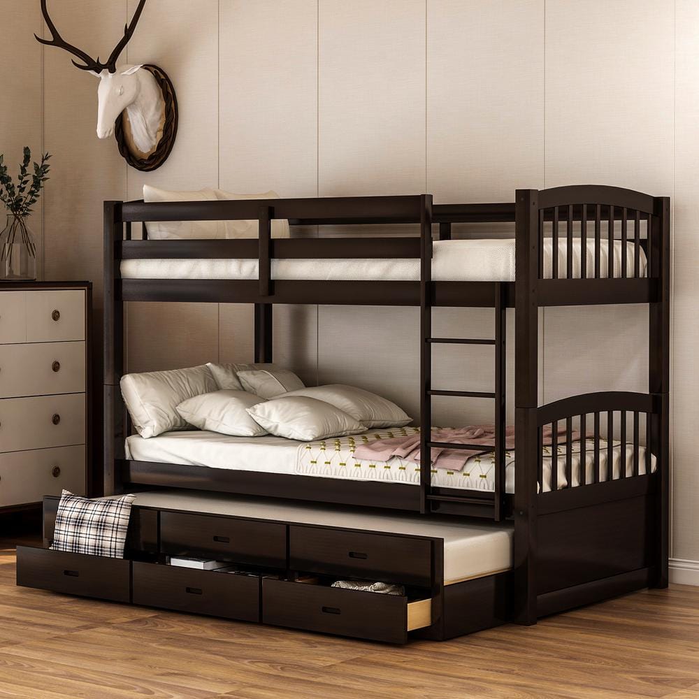 Harper & Bright Designs Espresso Chamblee Twin over Twin Bunk Bed with Trundle and Drawers - 1