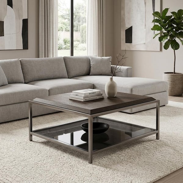 39 in. Brown Square Wood Coffee Table with Tempered Glass Shelf