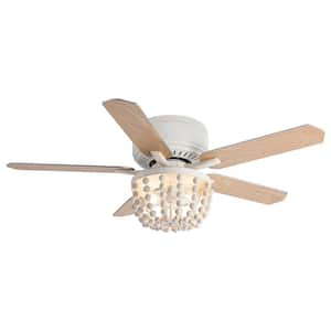 48 in White Farmhouse Flush Mount Ceiling Fan with Remote Control and Reversible Motor and Blades, Wood Beads Shade