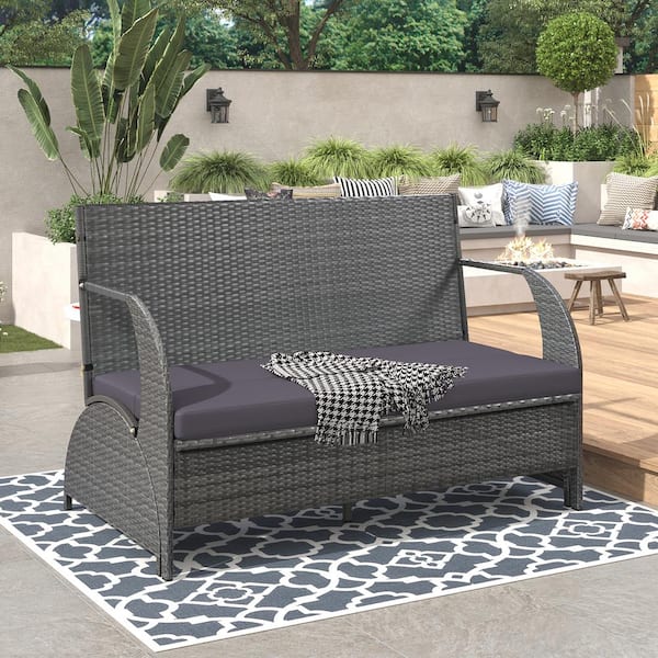 Gray Rattan Wicker Outdoor Chaise Lounge with Gray Cushions