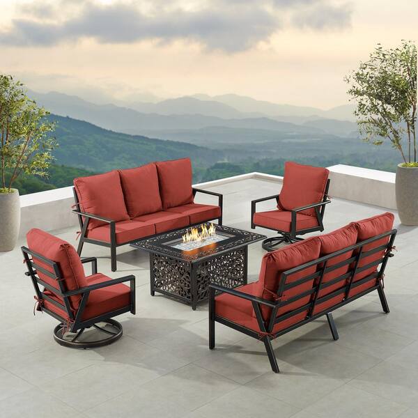 Oakland Living Black 5-Piece Aluminum Patio Fire Table Set with 2-Deep Seating Sofa with Red Cushions and 2-Club Chairs