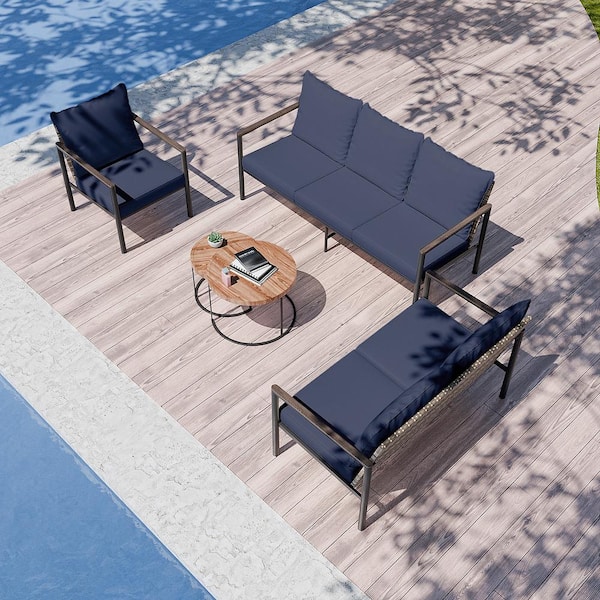 INMITOM 4-Piece Outdoor Wicker Patio Conversation Set with Blue Cushions, Seats 6, Includes Coffee Table