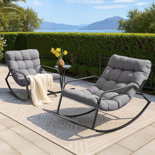 Unbranded 2-Pieces Oversized Metal Rocking Chair Outdoor Lounge Chair with Gray Cushion for Patio, Garden and Balcony