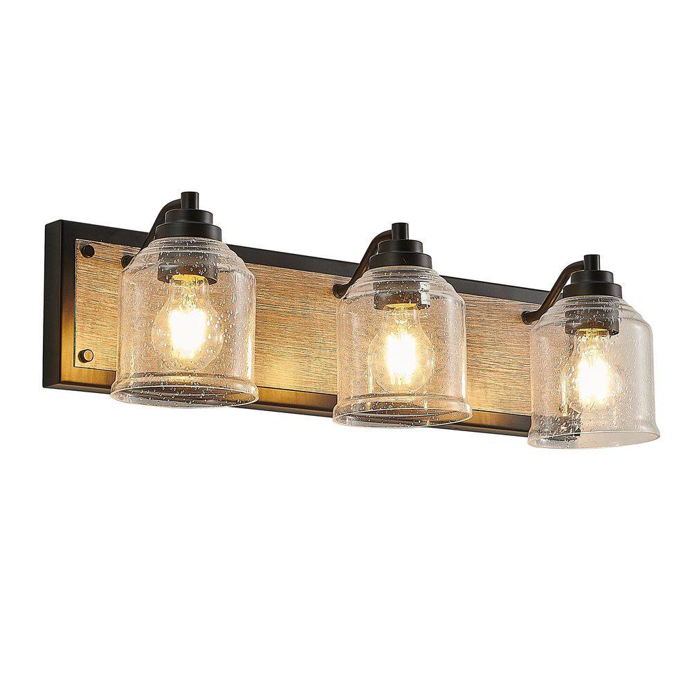 23 in Farmhouse 3 Light Bathroom Vanity Light Black and Wood Grain Finish with Clear Seeded Glass Shades for Bathroom price history on PriceWatchPro