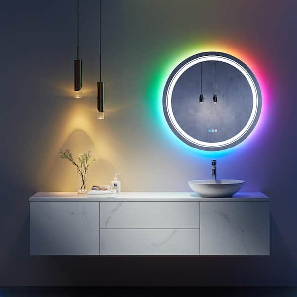 Apmir 28 in. W x 28 in. H Round Frameless High-Quality 192 LEDs/m RGB LED Anti-Fog Tempered Glass Wall Bathroom Vanity Mirror, RGB-Round