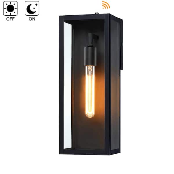 Hukoro Cali 1-Light 16 in. Outdoor Dusk-To-Dawn Sensor Wall Lantern with Matte Black Finish and Clear glass shade