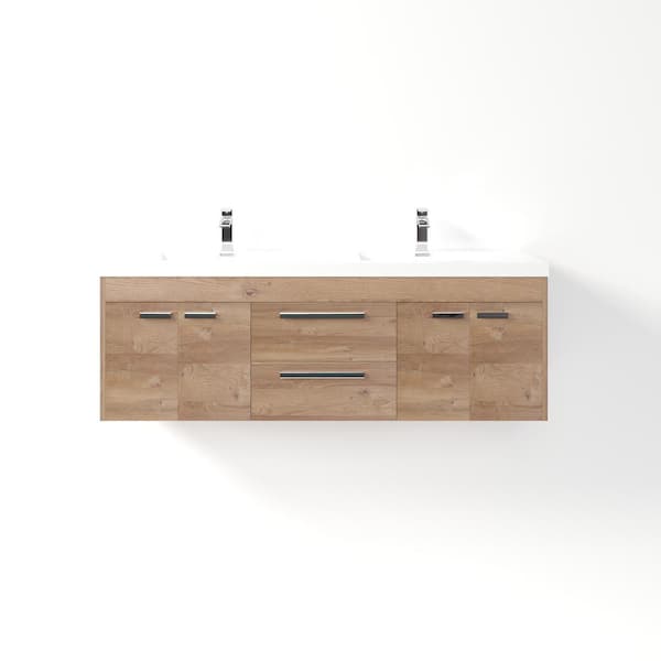 Lugano 60 in. Double Sink Floating Natural Oak Bath Vanity with White Acrylic Top (Assembled)