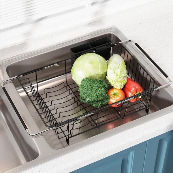 Expandable Stainless Steel Dish Drying Rack for Kitchen Counter with Utensil Holder over The Sink, Black