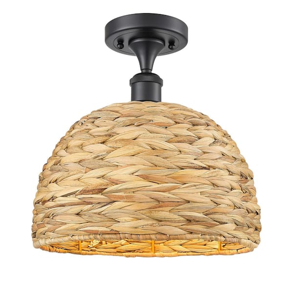 Woven Rattan 12 in. 1-Light Matte Black Farmhouse Semi-Flush Mount with Shade