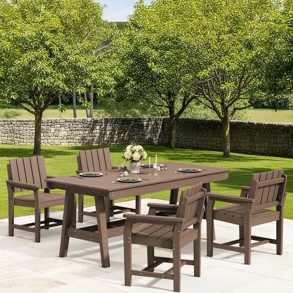 Brown 5-Piece Outdoor HDPE Plastic Dining Set with 4 Armchairs, All-Weather Patio Furniture with Umbrella Hole