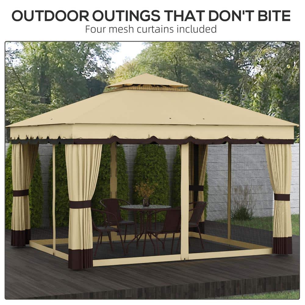 Beige and Brown Double Roof Patio Gazebo with Netting and Curtains