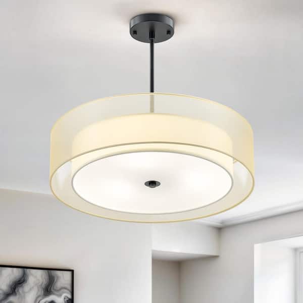 3-Light Antique Bronze Double Drum Pendant with Outer Organza Shade