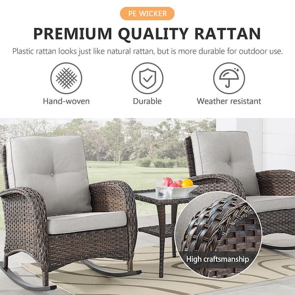 Brown 7-Piece Wicker Patio Conversation Set with Rocking Chairs, Outdoor Loveseat Seating Set with Beige Cushions