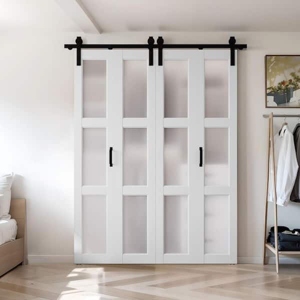 60 in. x 84 in. (Double 30 in. ) 3-Lite Frosted Glass White Finished MDF Bi-Fold Sliding Barn Door with Hardware Kit