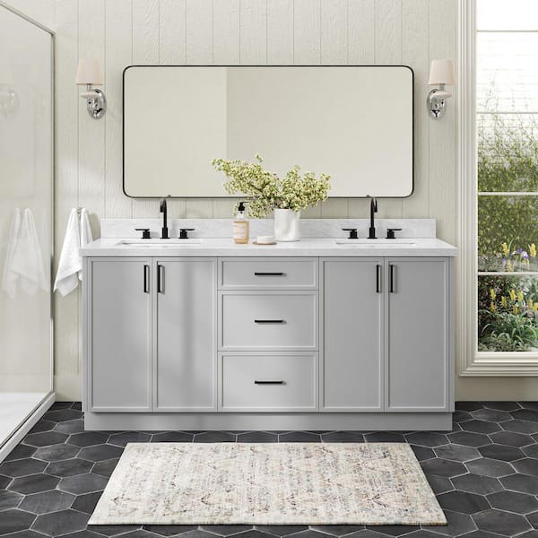 Kelly 72 in. Double Sink Freestanding Bathroom Vanity in Gray with Carrara White Marble Top